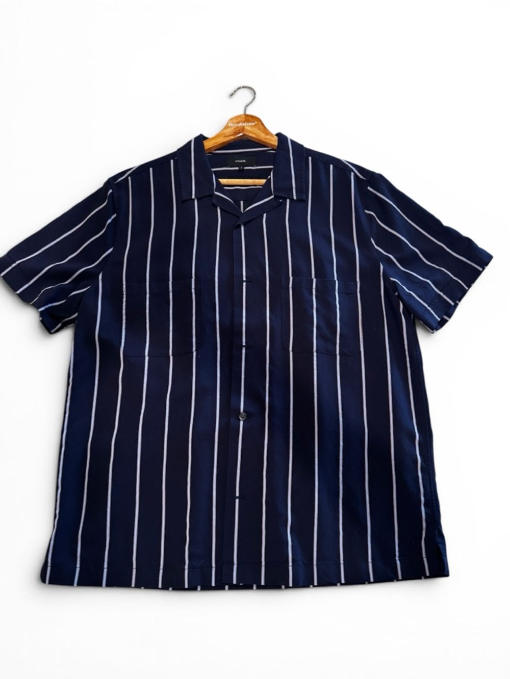 VINCE Navy and White Vertical Stripe Short Sleeve Shirt